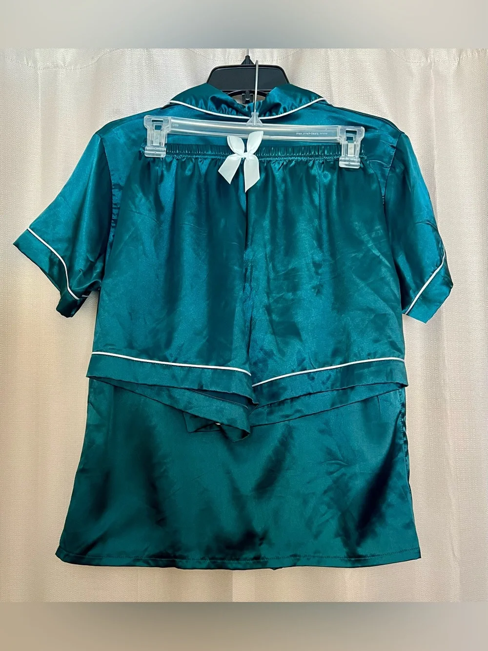 SHEIN Women’s Medium Teal Satin Pajama Set Button Up Top & Shorts